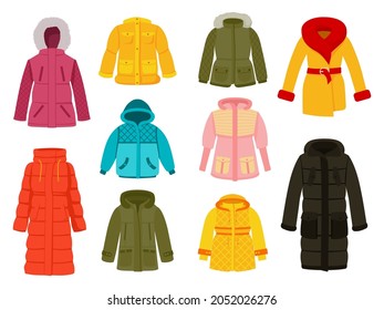 Warm winter clothes. Clothing icons, women seasonal cloth. Casual and sport garment. Colorful fashion coat, sweater, jacket. Recent vector outwear set