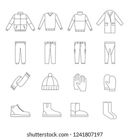 Warm winter clothes collection icon set. Linear vector illustration isolated on white background