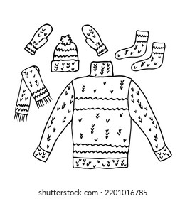 Warm winter clothes, hand-drawn, black and white vector illustration