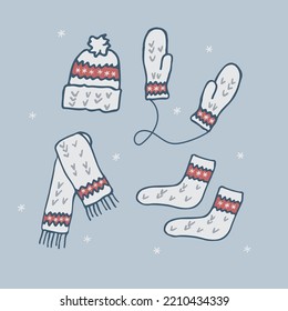 Warm winter clothes, warm hat with pompon winter doodles isolated drawn by line.
