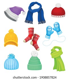 Warm Winter Clothes with Hat, Socks and Scarf Vector Set