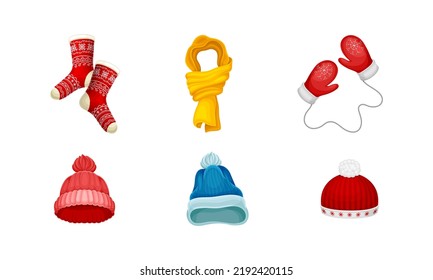Warm Winter Clothes with Hat, Socks and Pair of Mitten Vector Set