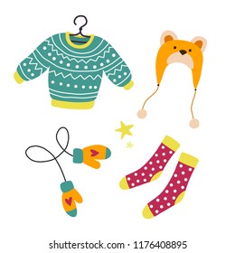 Warm winter clothes. Knitted sweater, mittens, hat, socks. Vector illustration. 