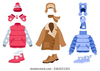 Warm winter clothes mega set elements in flat design. Bundle of different coat and jackets with snowflake ornament, mittens, hats and scarves, boots. Vector illustration isolated graphic objects