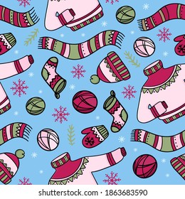 WARM WINTER CLOTHES On Light Blue Background Hygge New Year Merry Christmas Holiday Cartoon Hand Drawn Seamless Pattern Vector Illustration For Print