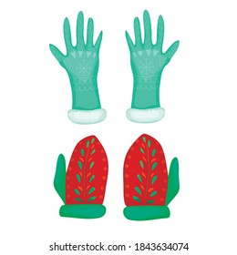 ropa de invierno caliente. un par de mitones y guantes de lana. ropa para caminar en invierno. doodle aislado. vector. colores azul y rojo.