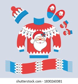 Warm winter clothes with Santa prints: sweater, scarf, mittens, slippers. Vector illustration, template for design of clothes.