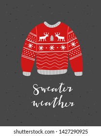 Warm winter clothes vector illustration. Cozy card with lettering and scandinavian sweater with deers for autumn and winter