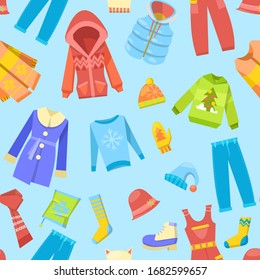 Warm winter clothes and woolies, winter apparel with scarf, winter fashion, hat, coat and sweater, jacket, glove outerwear seasonal seamless pattern vector illustration. Winter cloths background.