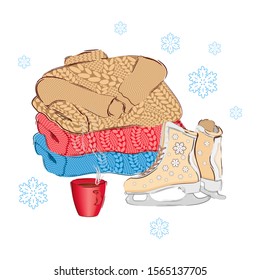 Warm winter clothing. A cozy knitted sweater, a mug of hot tea and pretty skates. Winter vector illustration. Template for postcard, print and web.
