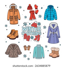 Warm winter clothing set with coats, boots, scarves, gloves, sweaters, and cozy essentials