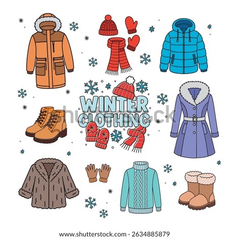 Warm winter clothing set with coats, boots, scarves, gloves, sweaters, and cozy essentials