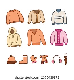 Warm winter clothing, wool sweater and hoodie and head covering