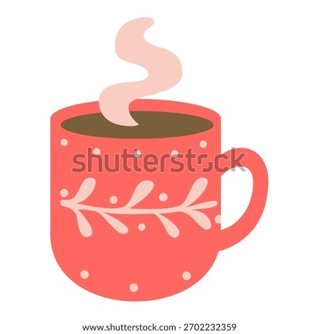 Warm winter cocoa mug with simple leaf pattern and rising steam
