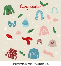 Warm winter cozy clothes set, items for cold season, vector