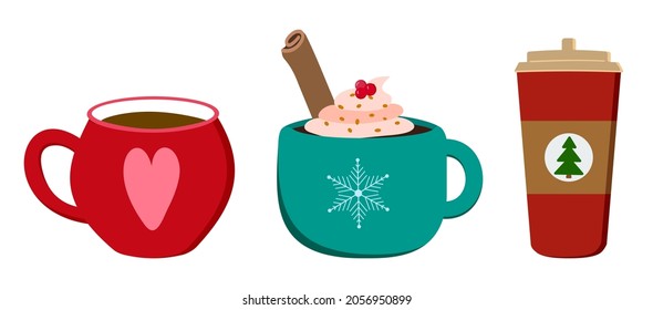 Bebidas de invierno cálidas: taza de café roja con corazón, taza de azulejos con crema y canela, taza de café roja. Conjunto vectorial de ilustraciones. Aislado sobre fondo blanco.