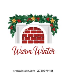 Warmer Winterfestkamin, klassische rote Ziegelsteine, immergrüne Girlande oben, sanfter Schnee, einladende Urlaubsmantelszene, Vektorgrafik