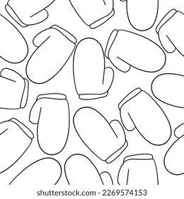 Warm winter glove. Christmass and New Year. Vector seamless pattern in outline doodle style isolated on white background.