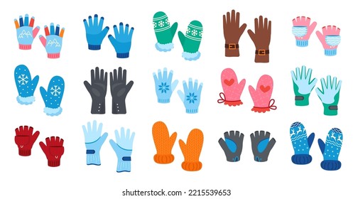 Warm winter gloves and mittens set. Cute colorful woolen or knitted gloves for cold frosty weather isolated on white background. Cartoon flat vector illustration