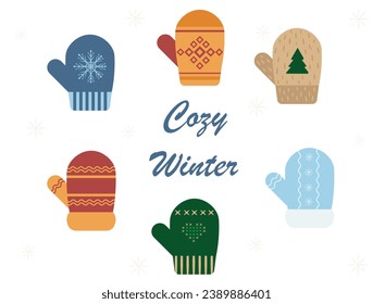 Warm winter gloves and mittens set. Colorful woolen or knitted gloves for frosty weather, on a white background. Flat vector illustration