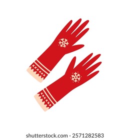 Warm winter gloves pair adorned with snowflake, pattern on cuff. Cozy knitted woolen hand accessory for cold weather. Seasonal fashion handwear. Flat vector illustration isolated on white background