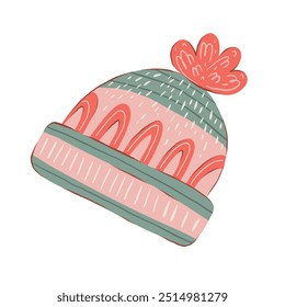 Warm Winter hand drawn Hat with ornaments. Cute Christmas Holiday Isolated stickers