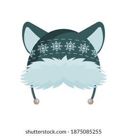 Warm winter hat with ears. Green knitted hat with a vintage pattern. For design on New Year's or Christmas themes, as well as on the theme of winter. Vector illustration. Flat style.