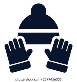 Icono caliente de la silueta del icono del sombrero y de los guantes del invierno en fondo blanco 