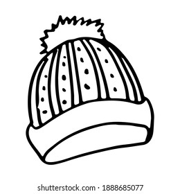 Warm winter hat with a pom-pom and a lapel. Doodle style. Hand drawn vector illustration on white background in black outline. Cozy winter warm clothes.