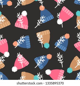 Warm winter hats with pompon seamless pattern. Seamless hat with pompon, vector illustration