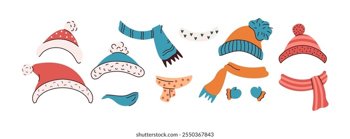 Warm winter hats and scarfs flat color vector objects set. Clothes accessories for cold winter season illustrations bundle on white background