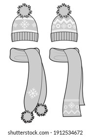 Warm winter hats with scarfs, linear illustration for coloring. Accessories with a snowflake pattern