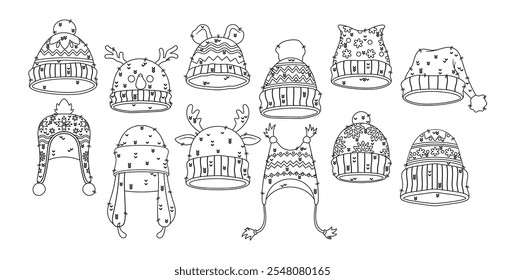 Warm winter hats with traditional Christmas prints and decorations black-and-white sketch design
