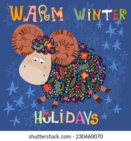 Warm Winter Holidays card in vector. Funny Christmas card with 2015 symbol - funny blue sheep in flowers.