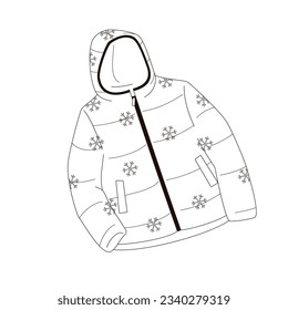 warm winter hooded down jacket black and white linear illustration