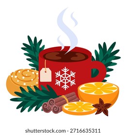 Warm winter illustration featuring cup of tea, bun, orange slice and cinnamon sticks surrounded by fir branches. Ideal for cozy Christmas and holiday designs