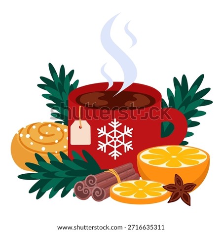 Warm winter illustration featuring cup of tea, bun, orange slice and cinnamon sticks surrounded by fir branches. Ideal for cozy Christmas and holiday designs