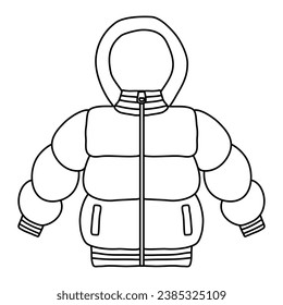 Warm winter jacket with hood, doodle style flat vector outline for coloring book