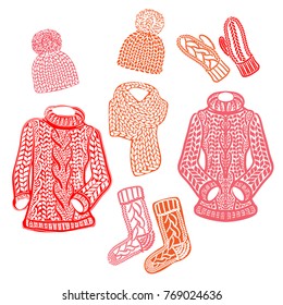 Warm winter knitted accessories: sweater, hat, mitten, socks, scarf. Several isolated elements on white background. Vector illustration.