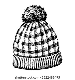 Warm winter knitted hat with pom pom. On a white background