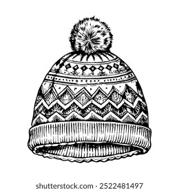 Warm winter knitted hat with pom pom. On a white background