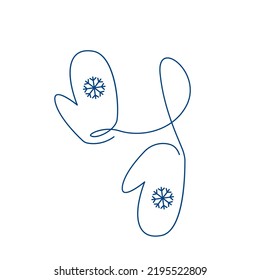 Warm winter knitted mittens. Flat vector illustration in linear doodle style. A pair of gloves on a white background are drawn with a solid line. winter and christmas concept