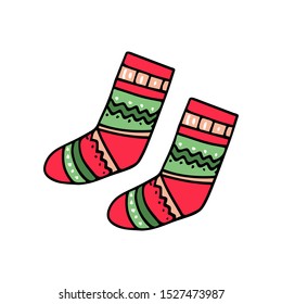 warm winter knitted socks for the new year. Scandinavian pattern. New Year's colors. Vector hand drawn stock illustration. White isolated background. Socks filled with a colorful pattern.