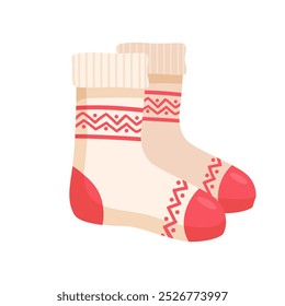 Warme Winter-Stricksocken Paar Design mit Ornament einzeln auf weißem Hintergrund.	