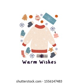 Warm winter knitted sweater, Christmas gifts  winter vector print. Ideal for children’s book, cloth, apparel. 