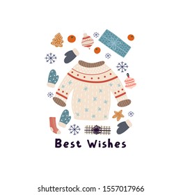 Warm winter knitted sweater, Christmas gifts  winter vector print. Ideal for children’s book, cloth, apparel. 