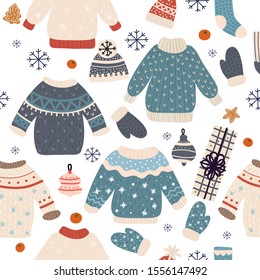 Warm winter knitted sweaters. Pattern vector background.