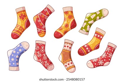 Warm winter knitted woolen socks with cute decorative holiday ornaments vector illustration
