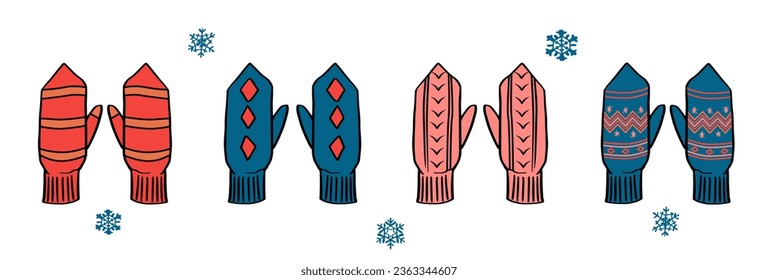 El invierno cálido se mezcla con diferentes patrones. Se ponen guantes y mitones de invierno cálidos. Guantes de lana o de punto cortos para el frío y helados aislados sobre fondo blanco. Dibujo vectorial plano de dibujos animados