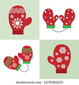 Warm winter mittens with different patterns. Warm winter gloves and mittens set